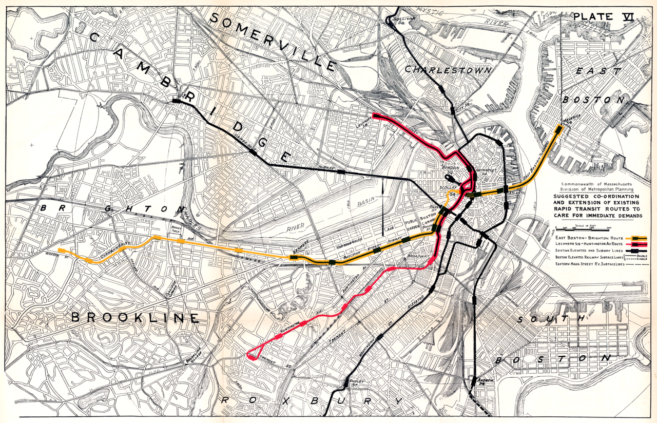 A 1926 map of the Boston Elevated Railway system, with extant routes drawn in black, and two new routes highlighted in color: a yellow line, stretching from Maverick to Scollay to Boylston to Kenmore to Commonwealth to Allston, and a pink line, running from Lechmere to Boylston to Back Bay station to Huntington to Brigham Circle