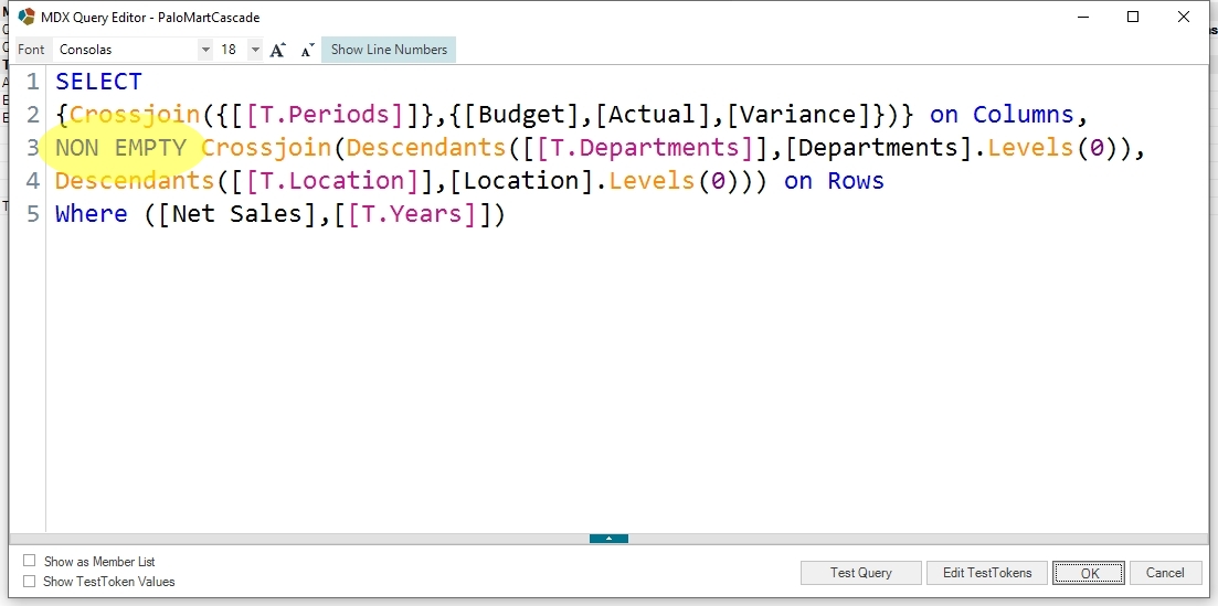  Next I created an Essbase MDX Script called PaloMartCascade.
I used the Crossjoin() function to create my column headers of Periods and Scenarios.
I also used the Crossjoin() function to pull all level zero members under the user selected Department and Location.
Note the use of the NON EMPTY keyword here. Using this will ensure that no sheet will be generated for any missing or irrelevant intersections.