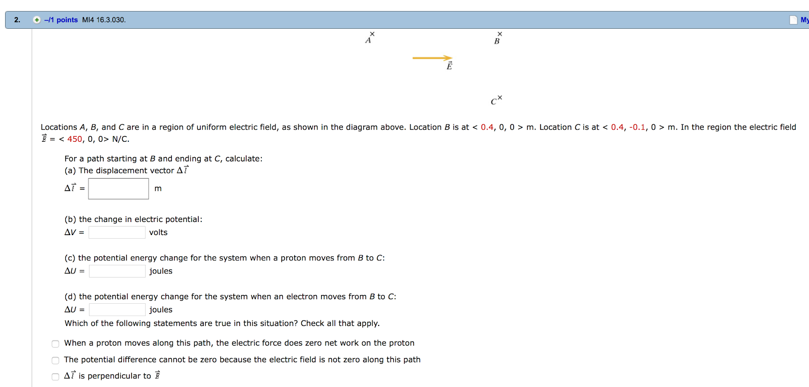 Solved Locations A B And C Are In A Region Of Uniform E Chegg Com