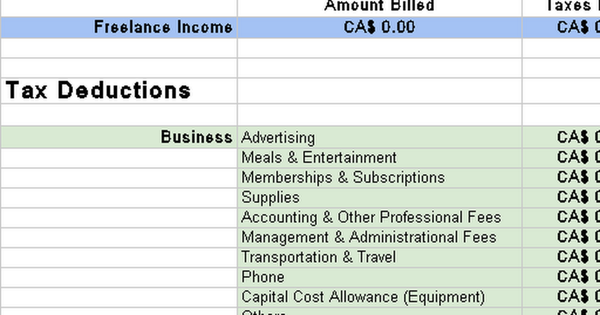 Tax Deductions Template for Freelancers Google Sheets
