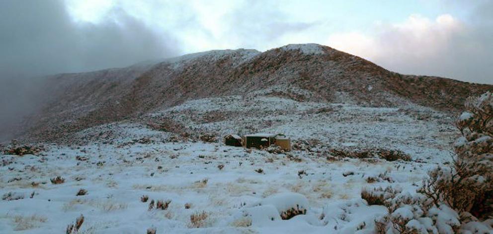 Westreef track crew’s camp on the Paparoa Escarpment in the winter. PHOTO: JIM MCILRAITH
