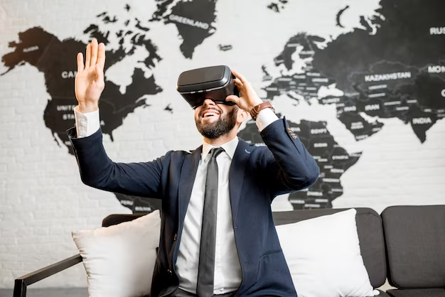 An man wearing a VR headset, exploring a virtual world