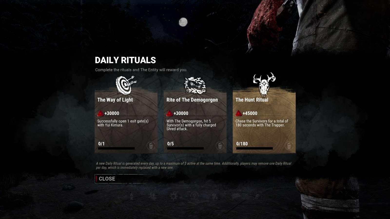 The Daily Rituals screen from Dead by Daylight is shown. Pictured is a set of three missions for the day for users to complete and the rewards for completed each objective.