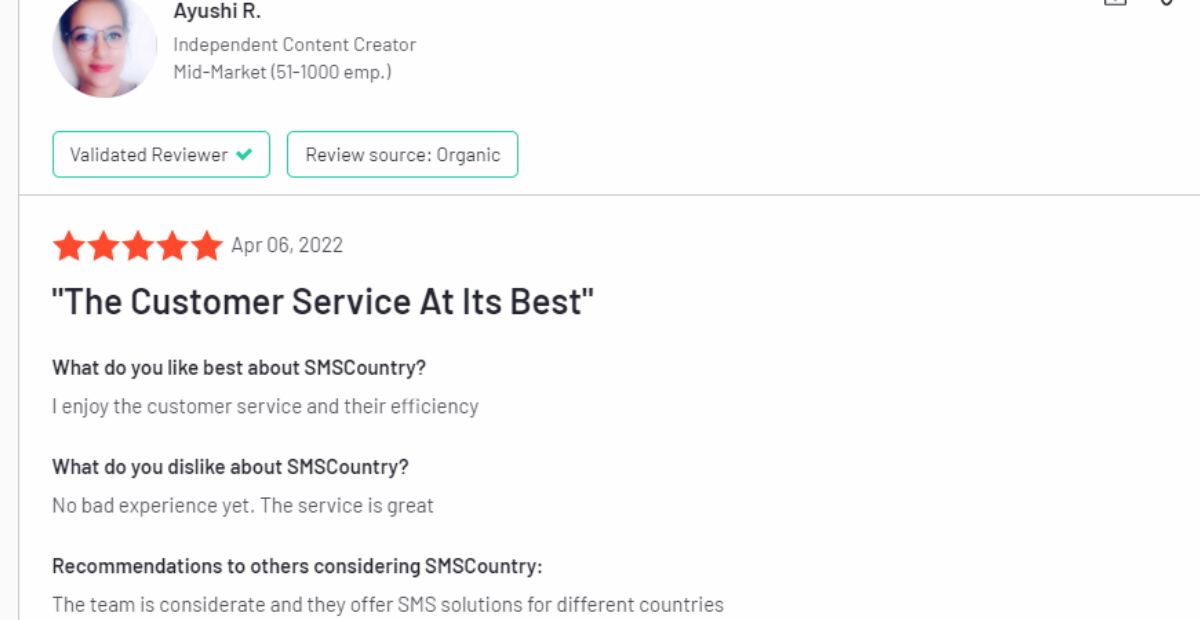 A 5-star review of SMSCOuntry as one of the best SMS API providers in Saudi Arabia. This user is most impressed with SMSCountry's SMS solutions and top-notch customer service. 