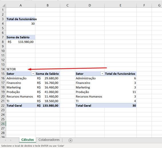 Digitando palavra Setor criação de dashboard no excel