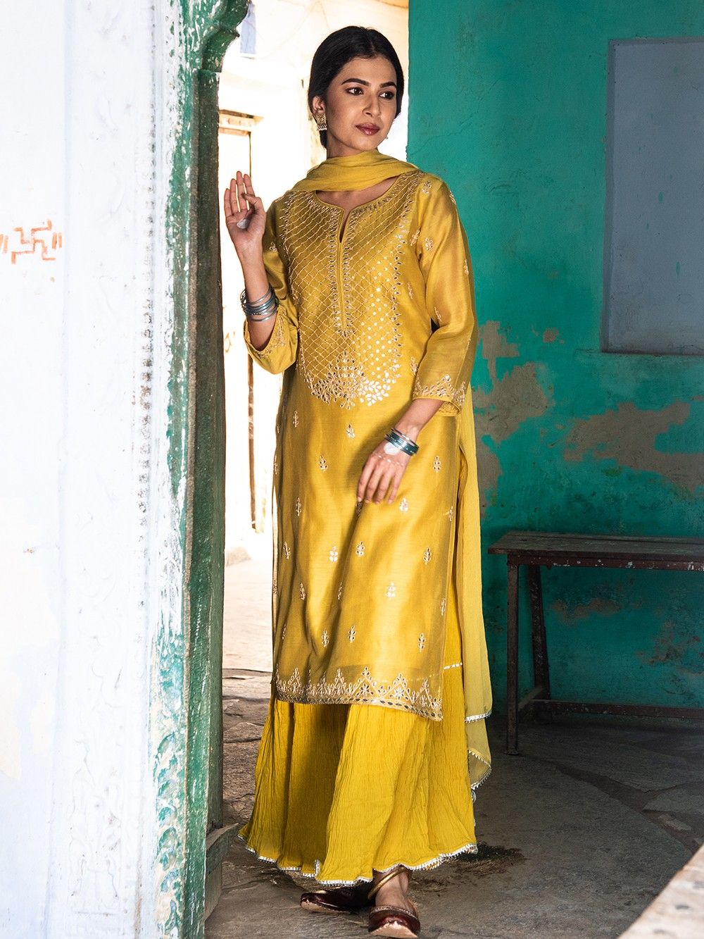 the loom - Mustard Yellow Gota Patti Chanderi Kurta