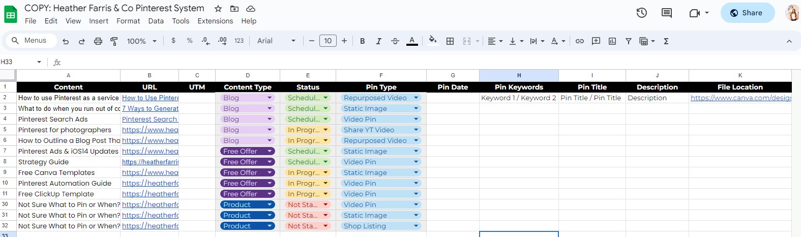 my Pinterest system spreadsheet for my  Pinterest workflow