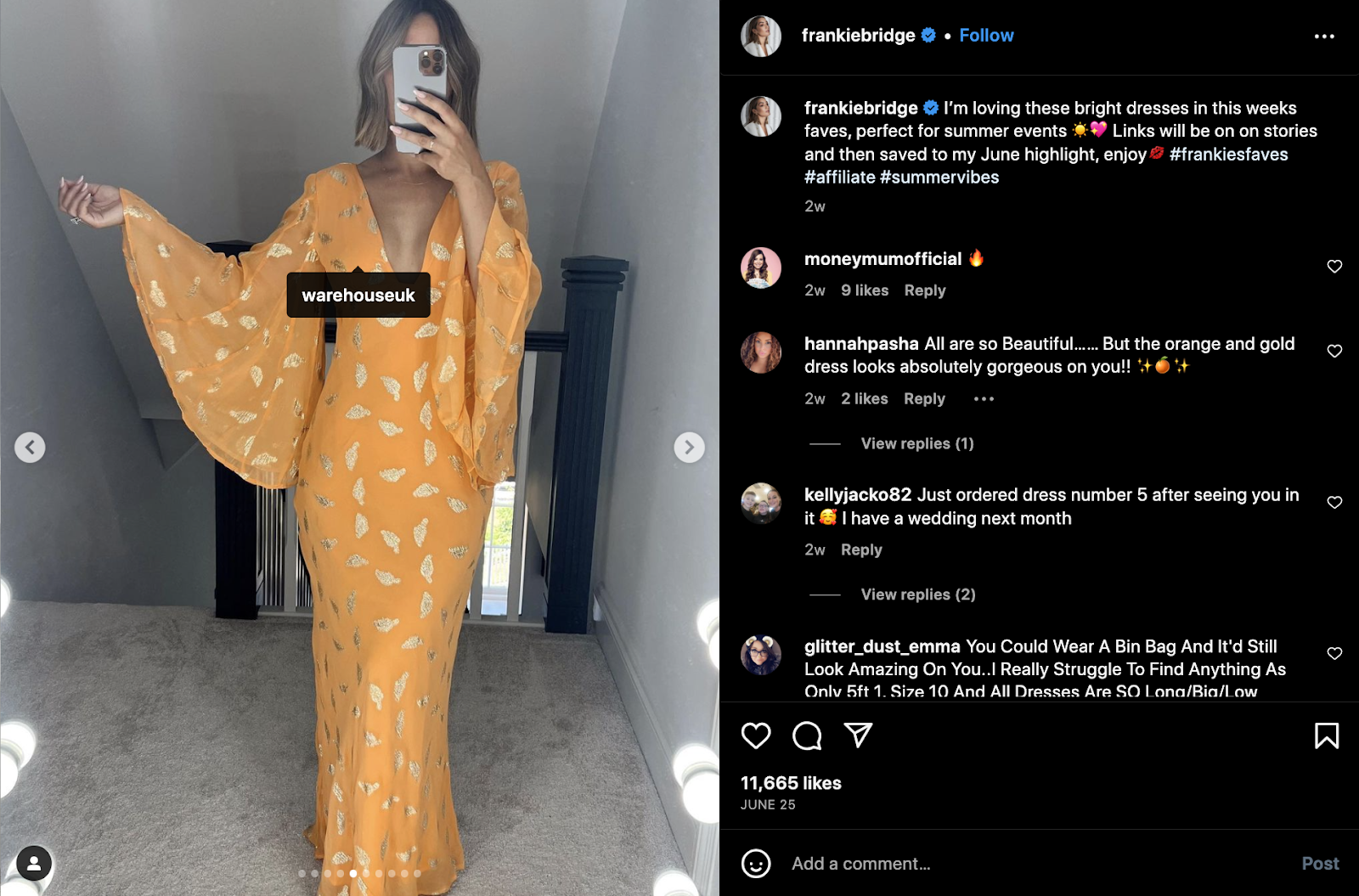 Screenshot of an affiliate marketing Instagram post in which woman poses in orange and gold dress with flared bell sleeves.