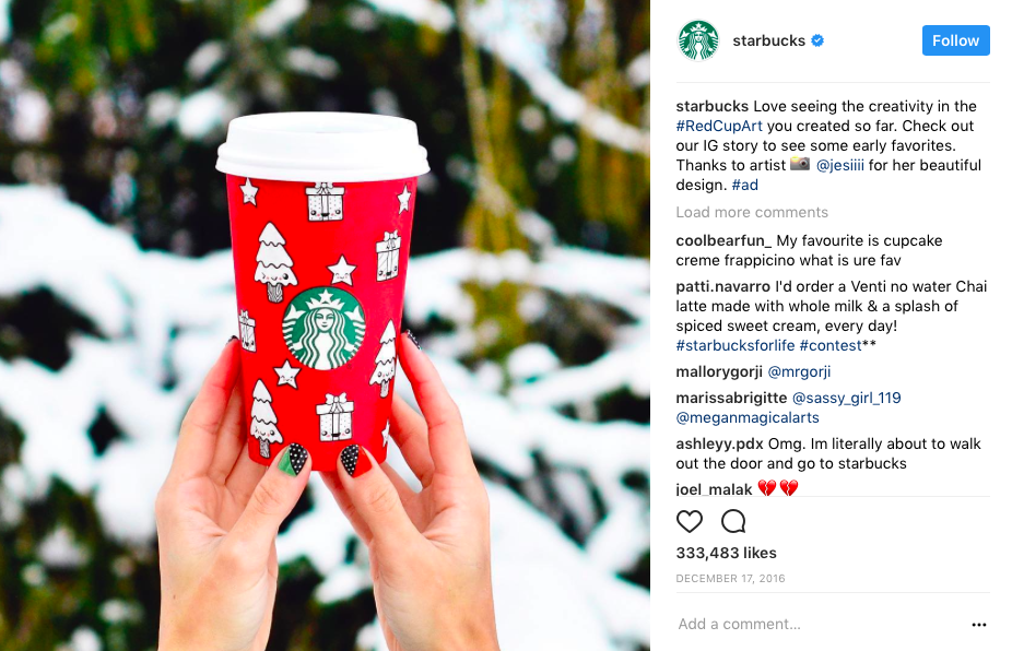 An example of Starbuck's red cup art user-generated content campaign that encouraged customers to showcase their red cup artwork.