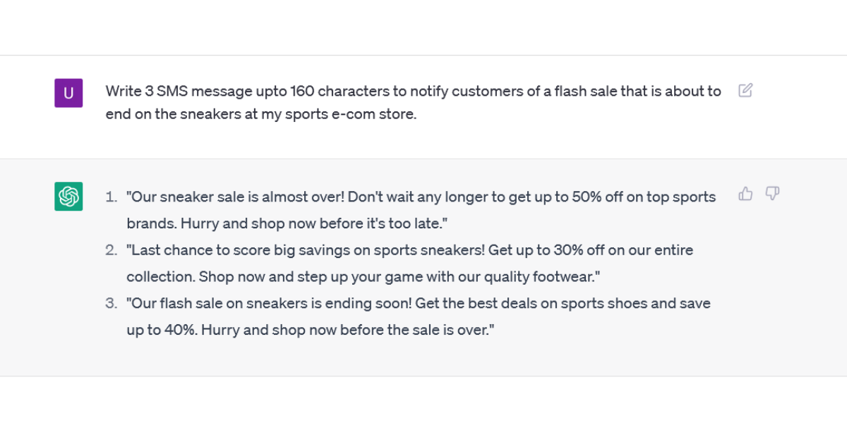 chatgpt prompt and response to inform customers about a flash sale about to end