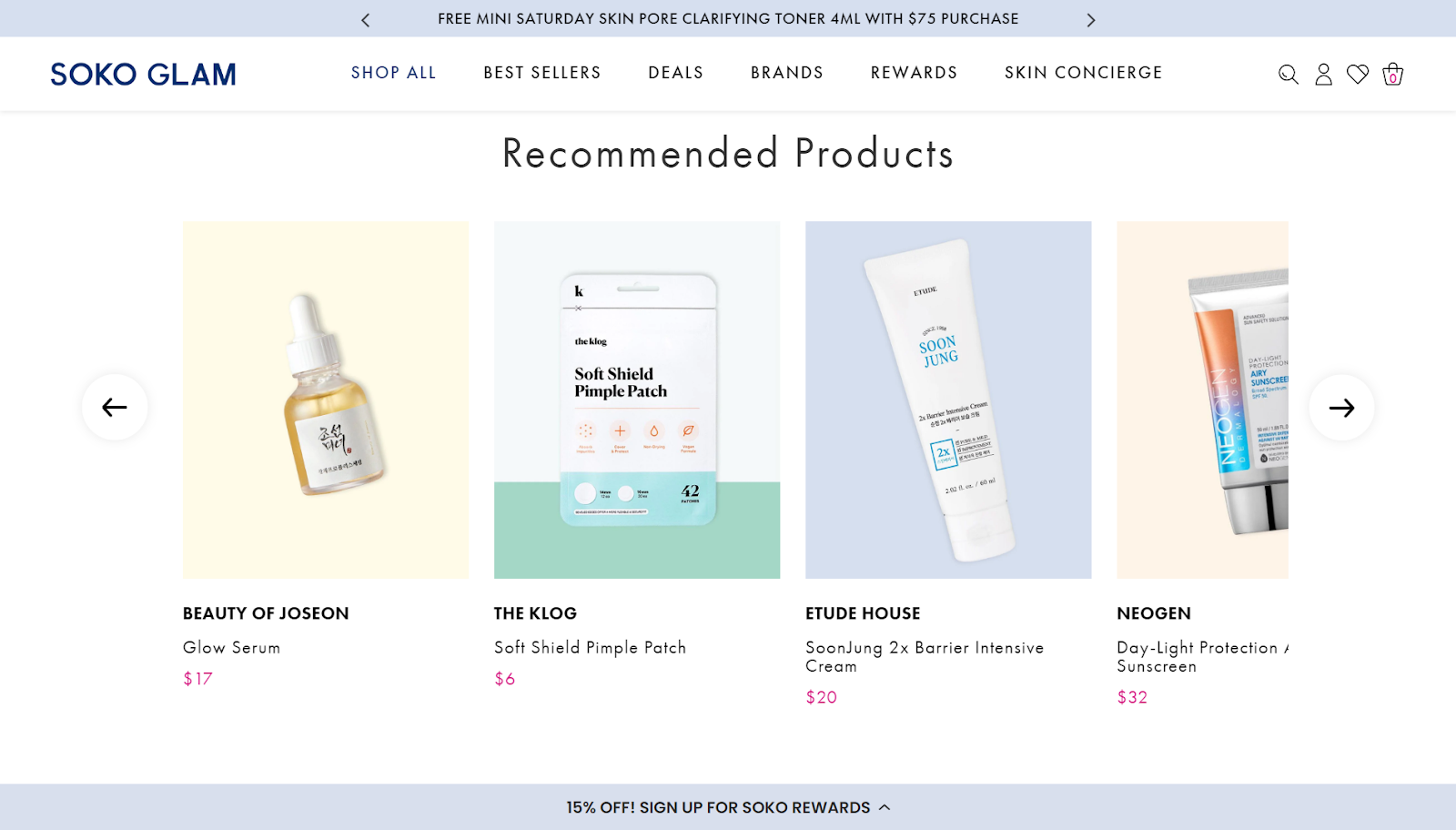 Example of AI-powered product recommendations section on the Soko Glam website.