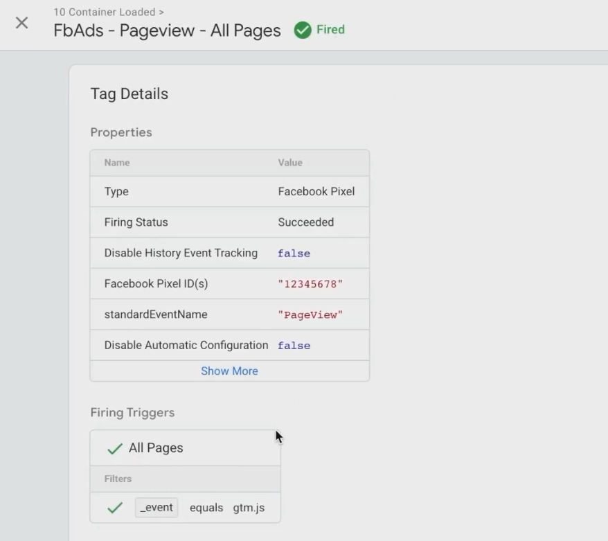 Analyzing the fired facebook ads Tag from GTM preview mode