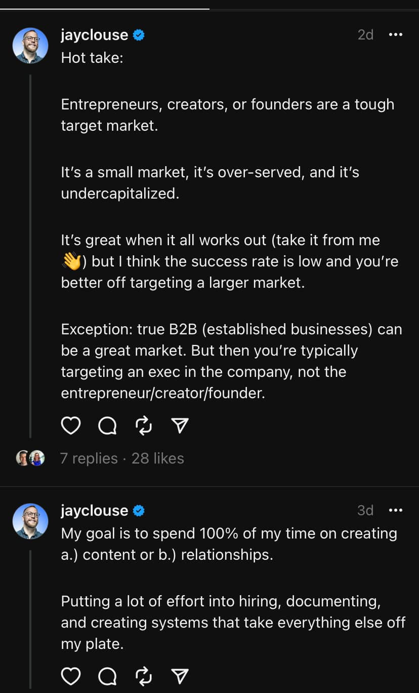 Screenshot of Jay Clouse's Threads feed where he share advice and off-the-cuff thoughts on marketing and content creation.