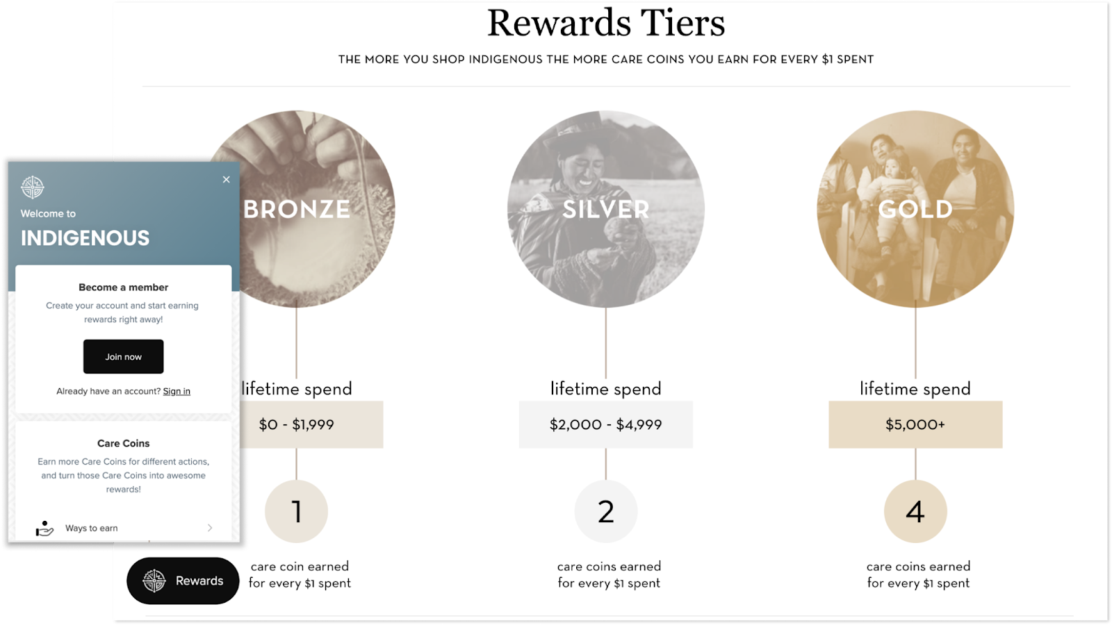 7 VIP Program Examples–A screenshot of Indigenous Design’s 3 VIP tiers–Bronze, Silver, and Gold with the qualified spend for each. There is also a screenshot of the rewards panel. 