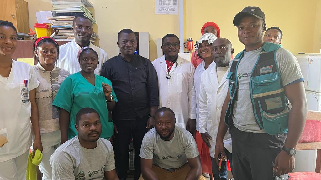Hospital staff pose with the Donnor of the solar energy CEO of CCREAD Dr Hillary Ewang