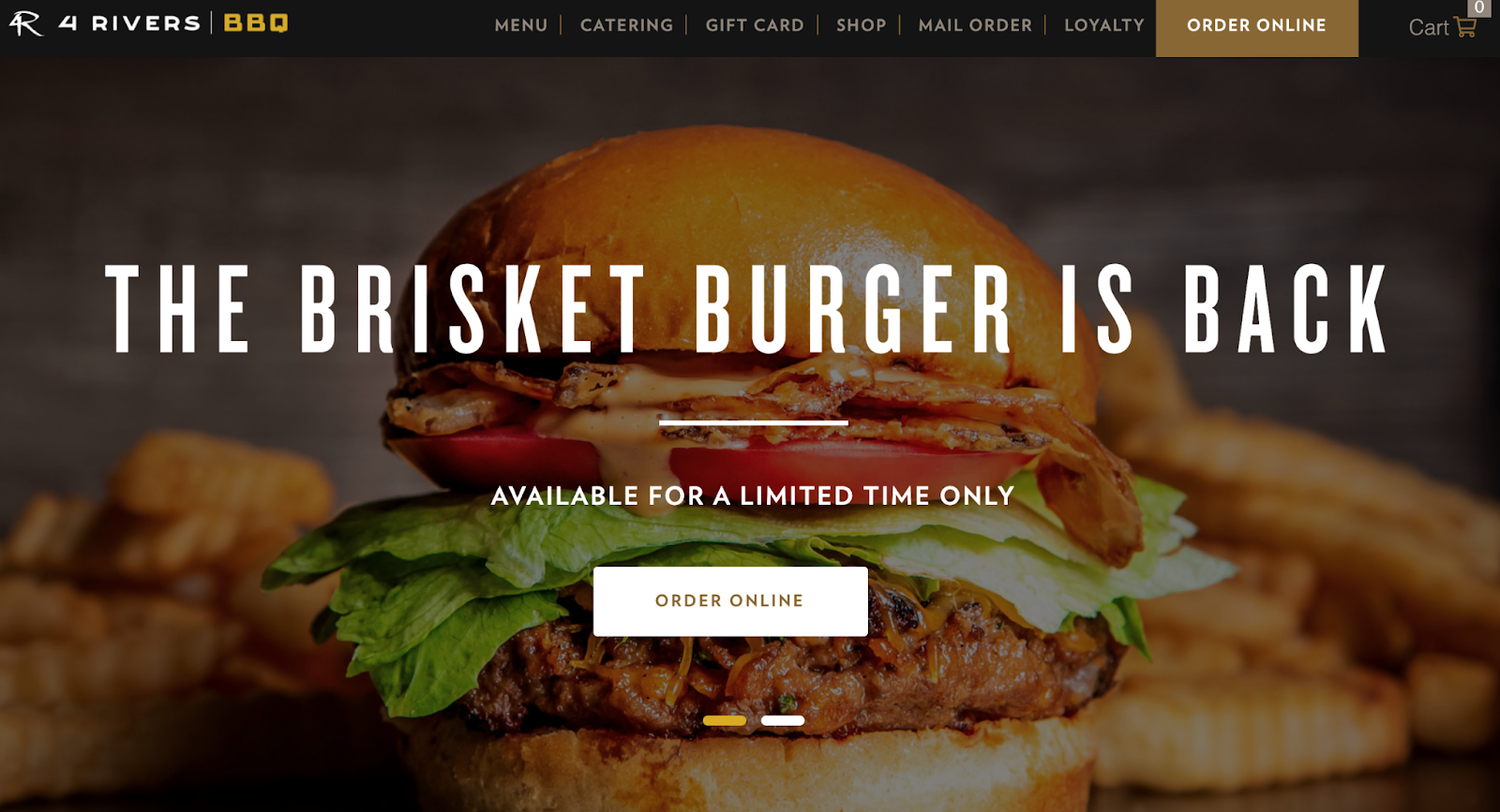 4 rivers smokehouse website homepage featured image with a cheese burger