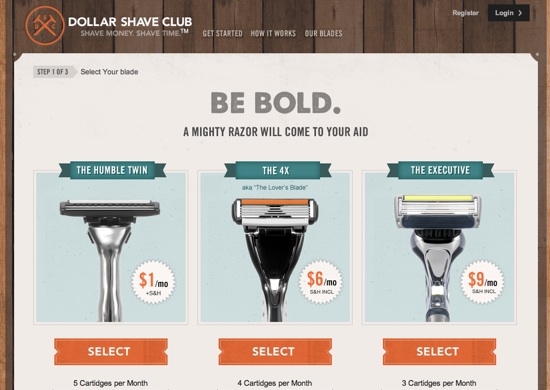 Oferta trzech opcji produktu – Dollar Shave Club