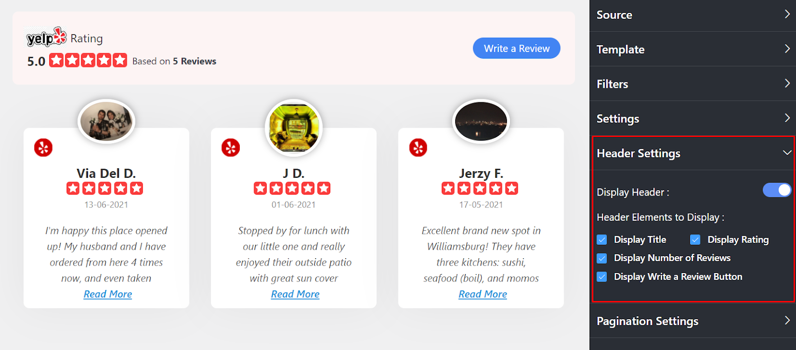 Yelp reviews Header Settings