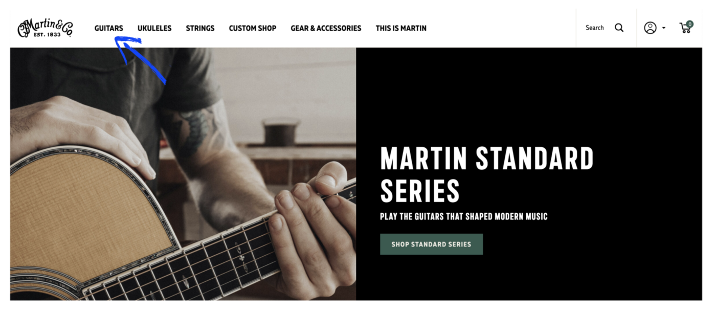 Encabezado Martin Guitar que muestra las siguientes categorías: guitarras, ukeleles, etc.
