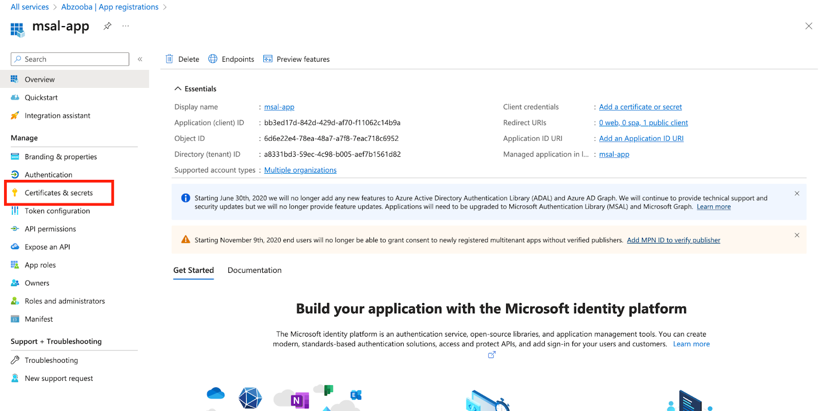 Application configuration dashboard showing the 'Certificates & secrets' section highlighted on the sidebar, as part of the application registration process.