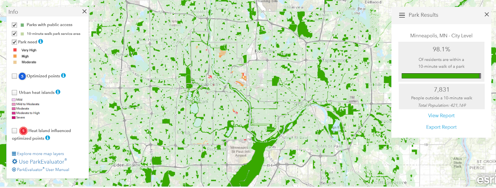 “Park Results” for Minneapolis: 98.1% of residents are within a 10 minute walk of a park. 7,831 people are outside a 10-minute walk of a park, from a total population of 421,169.