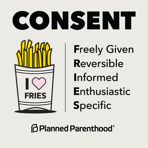 Infographic from Planned Parenthood defining consent as: Freely given Reversible Informed Enthusiastic Specific.