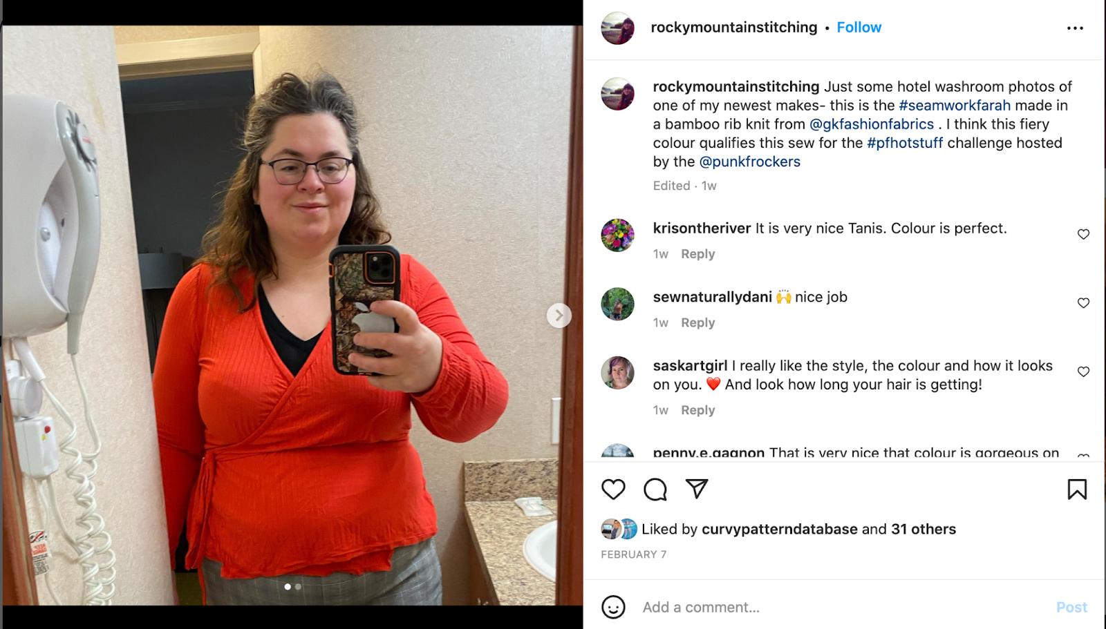 Instagram screenshot of woman wearing red wrap top