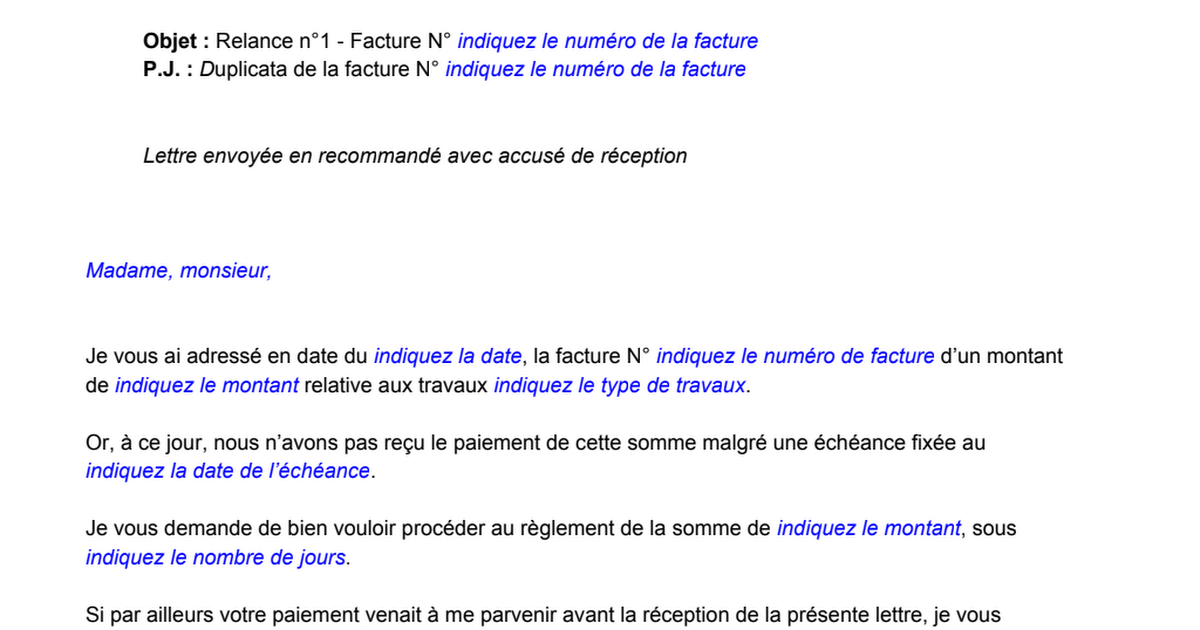 Modèle lettre de relance pour facture impayée pdf Google Drive