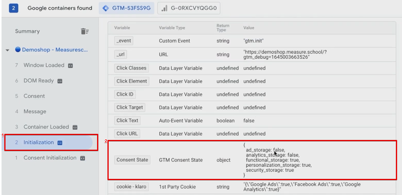 The consent state cookie from the initialization section of the GTM preview window 