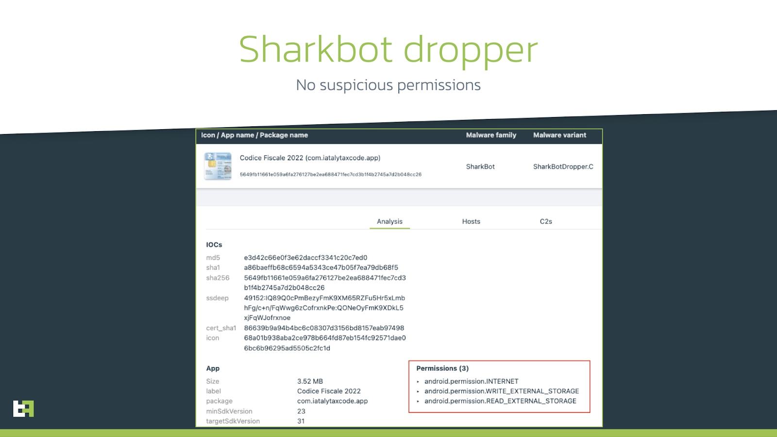 Screenshot showing Sharkbot dropper Codice Fiscale and its permissions