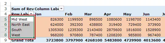 Rows area highlighted in red in Excel table