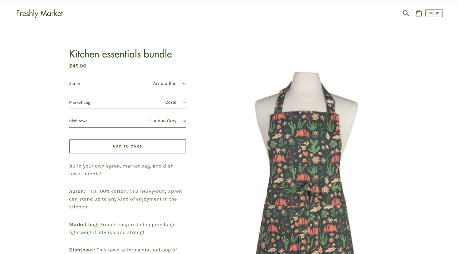 A Kitchen essentials bundle product page, which tells customers to pick an apron color, market bag color, and dish towel color to create their bundle.