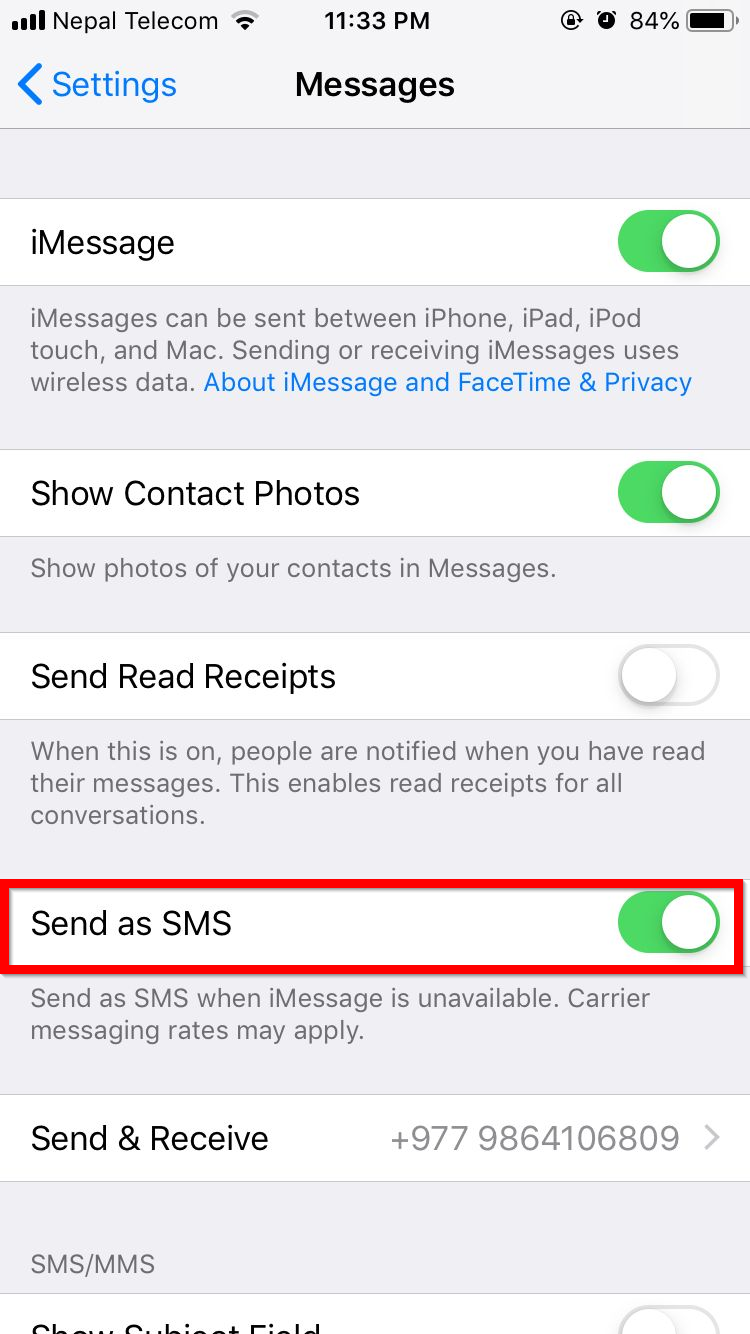 Toggle ON the Send an SMS option.