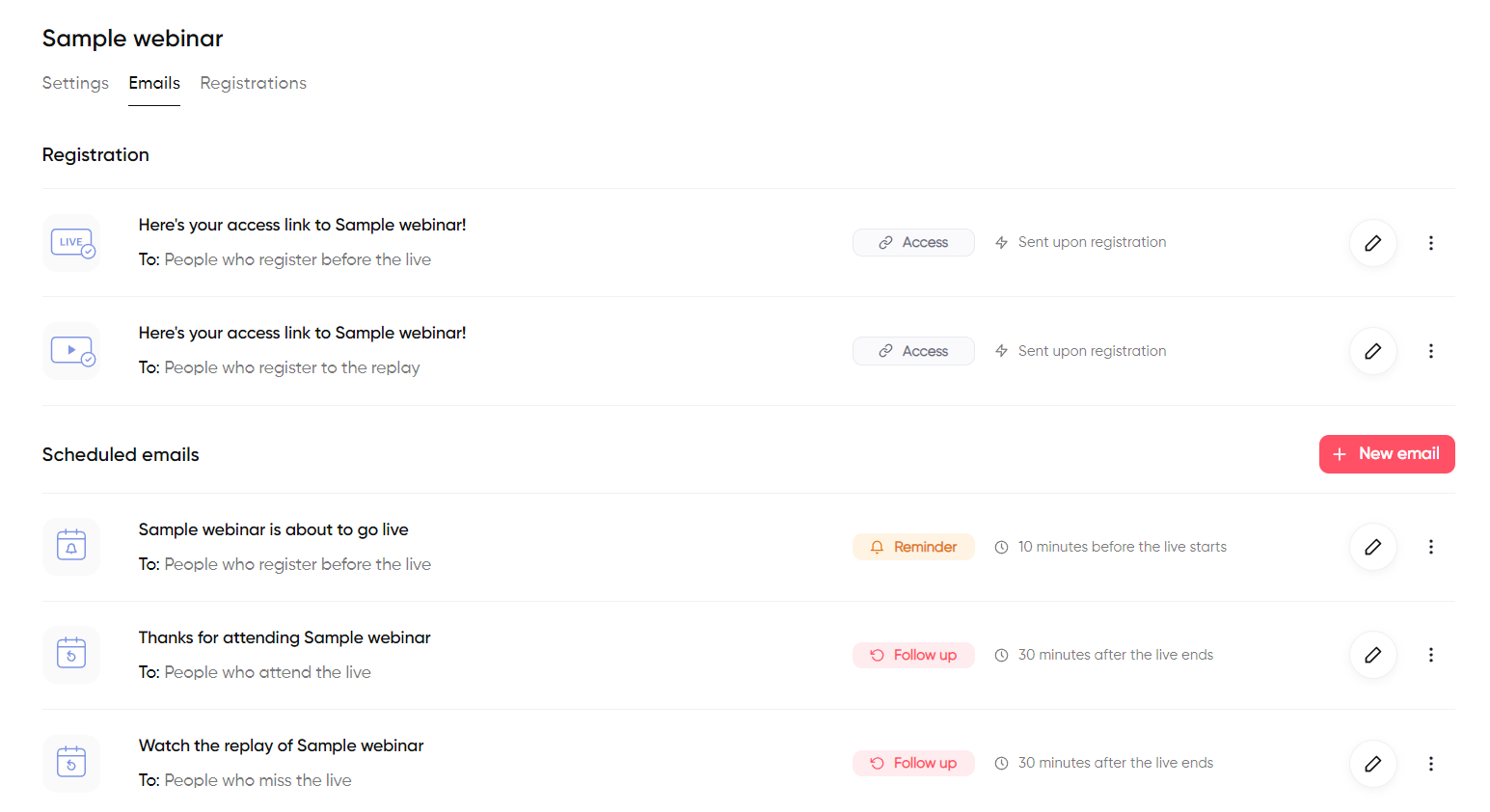 Screenshot of all email settings inside Contrast, a webinar platform