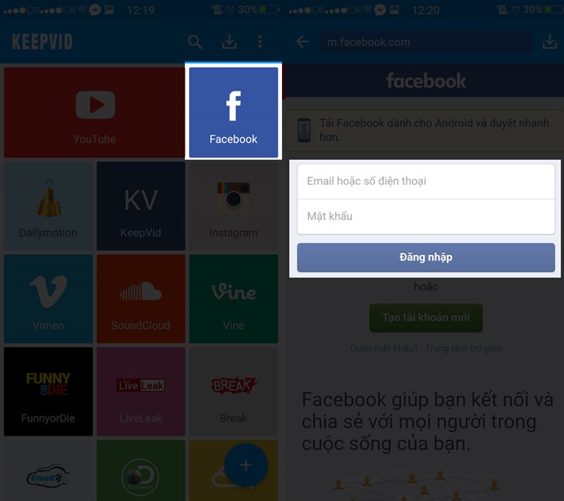 Download video facebook qua keepvid