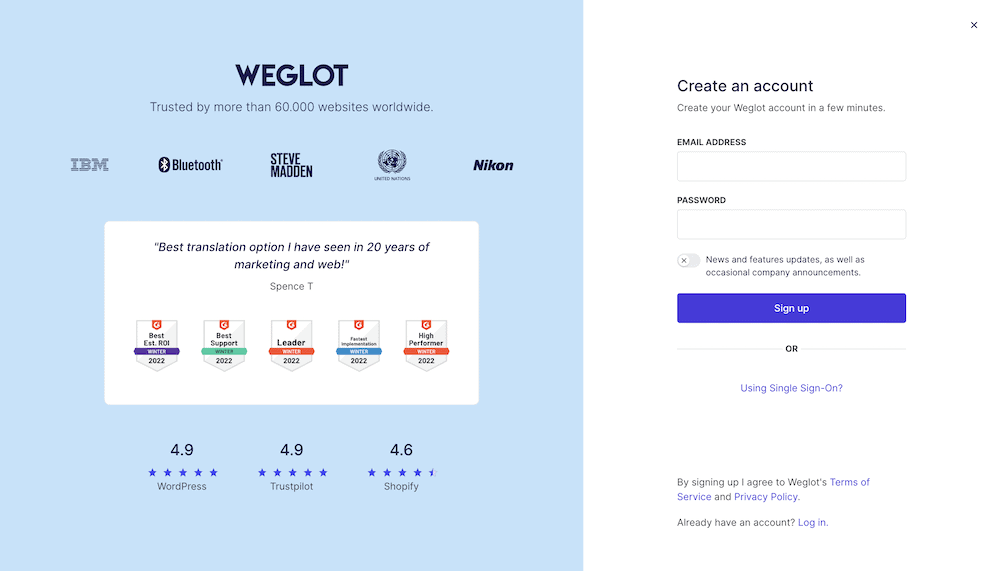 The Weglot registration screen