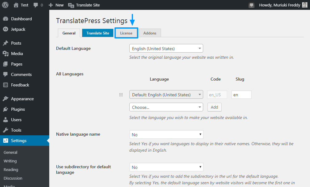 guia de licença do translatepress