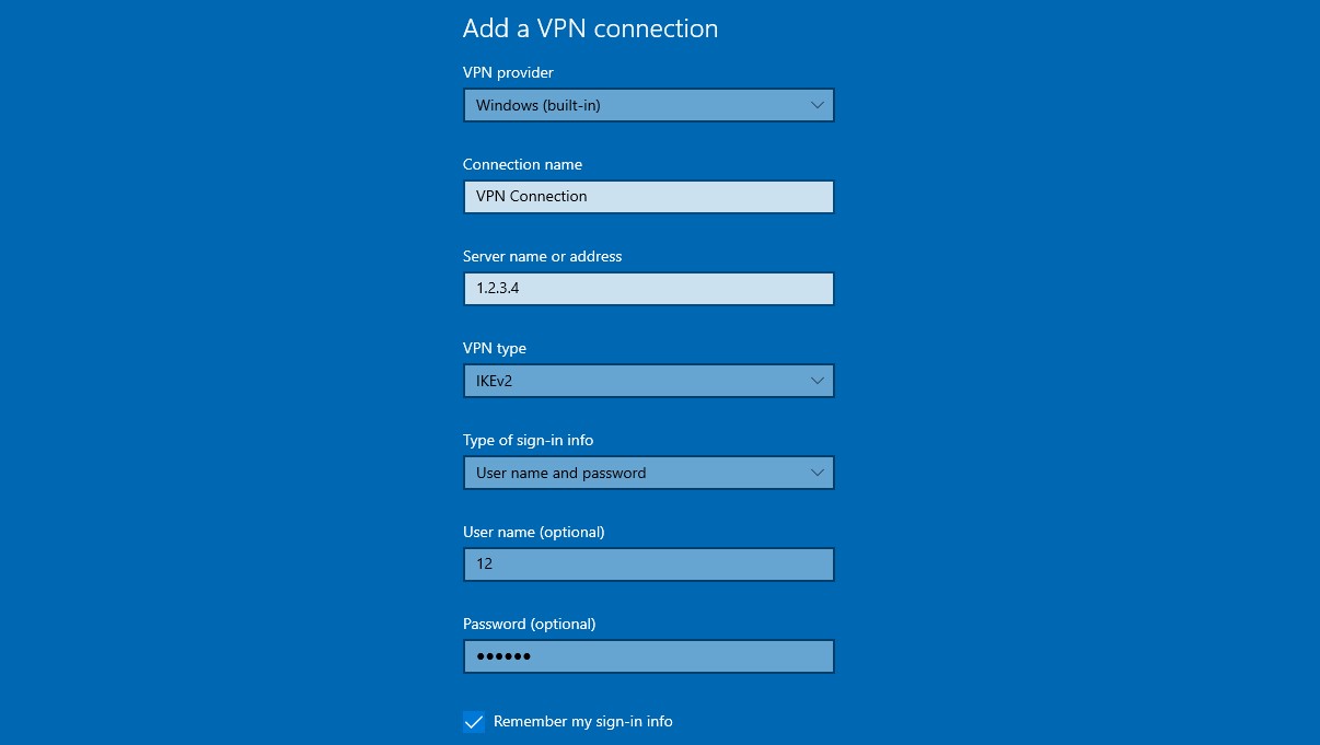 Windows native VPN connection settings