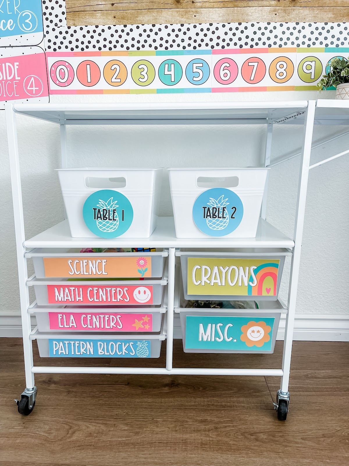 This image shows a rolling cart with tropical-themed labels. The labels include "Table 1", "science", "Math Centers", and "crayons". 