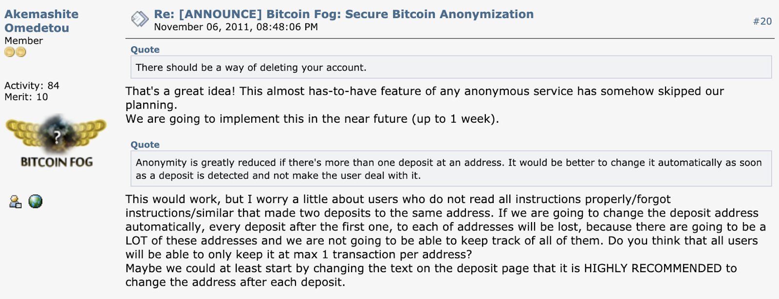 A post by Bitcoin Fog founder Roman Sterlingov on BitcoinTalk, an online forum.