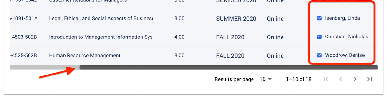 If you don't see the column for Instructors, use the bottom scrollbar to scroll right