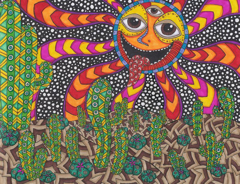 Ilustração colorida de cactos num deserto ensolarado