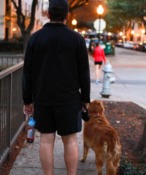 Man holding a dog by the leash