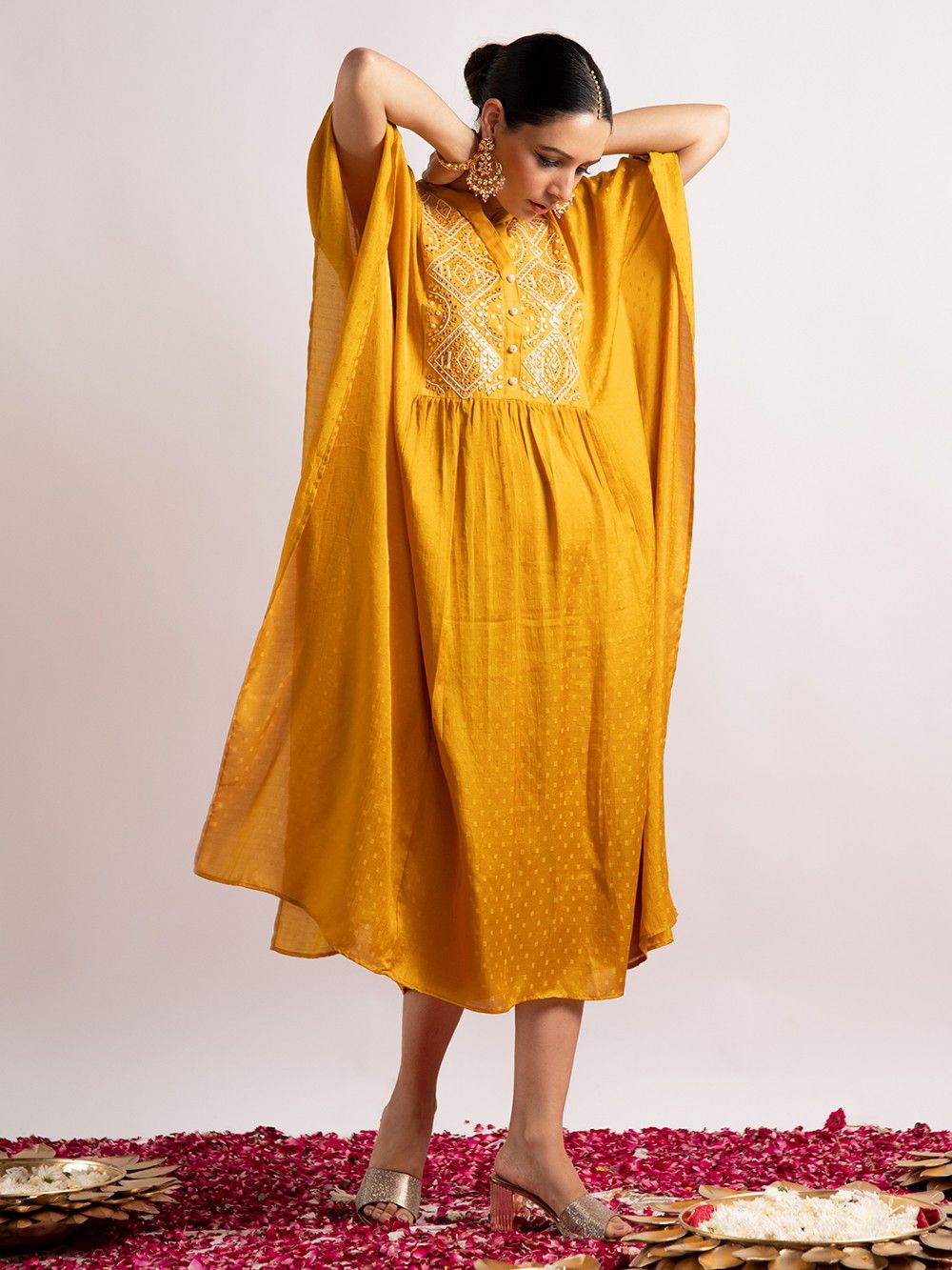 the loom-Mustard Yellow Mirror Work Silk Kaftan