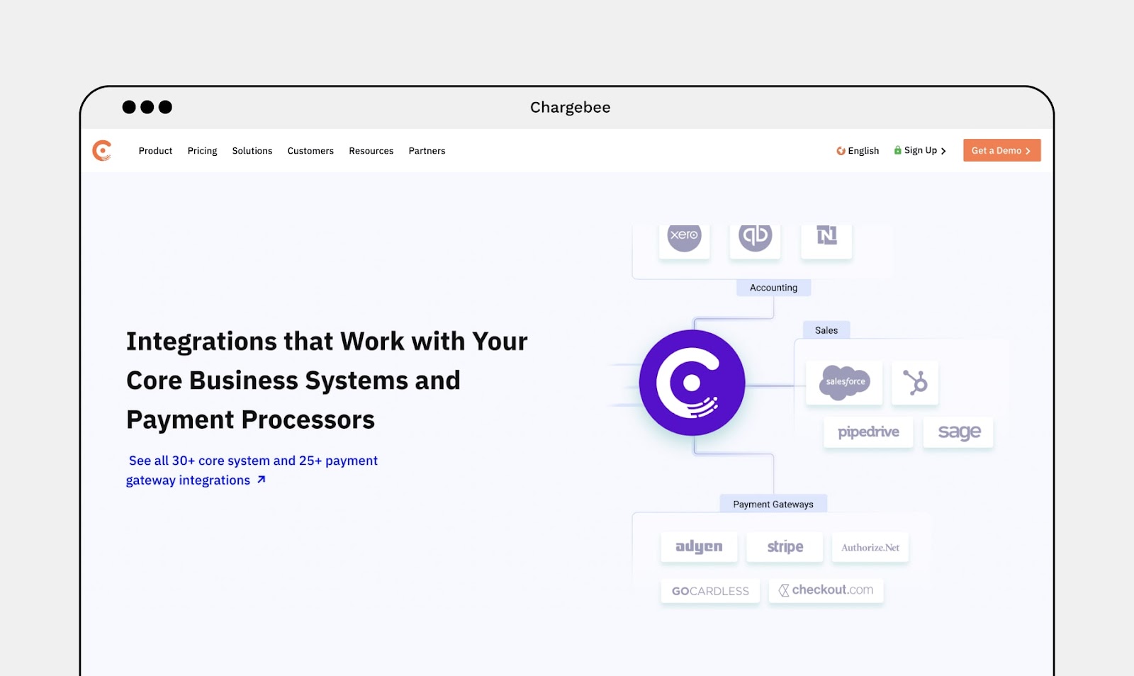 Screenshot of Chargebee's website page with Chargebee’s integration with systems and payment processors.