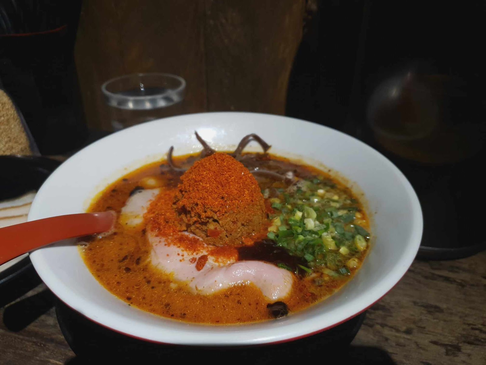 close-up of Butao's spicy Red King ramen with chili powder on top