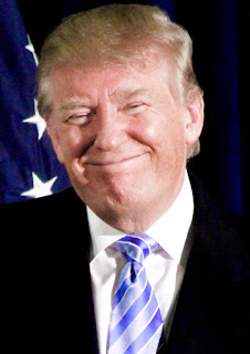 Image of President Donald Trump wearing a suit and blue striped tie. He's smirking in satisfaction in front of a United States flag.