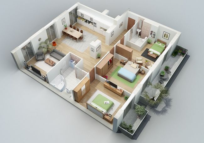 Denah rumah 3 kamar terasa samping dan depan