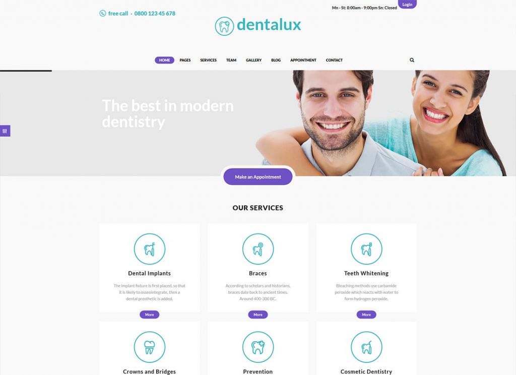 Dentalux |  Un tema de WordPress para dentistas médicos y sanitarios