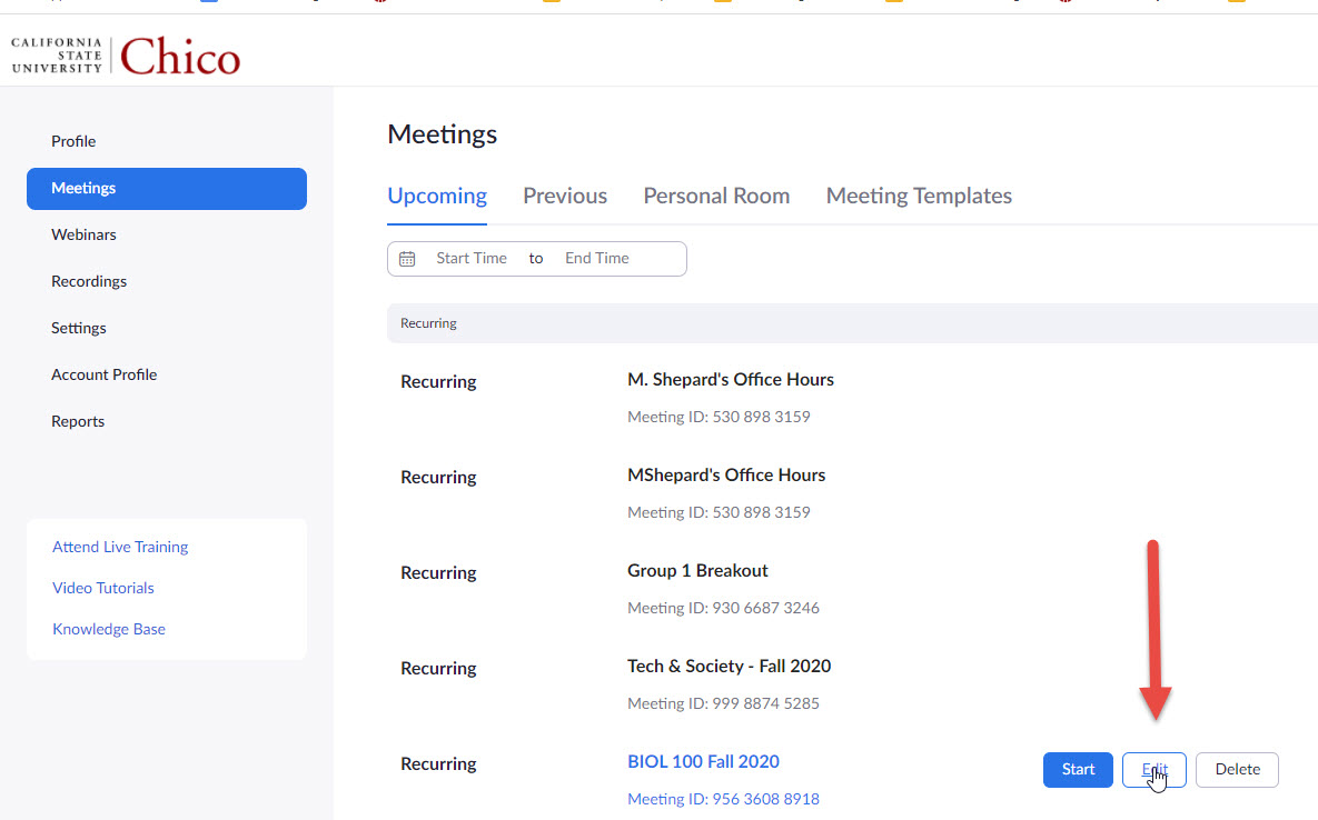 Screenshot of meetings menu selected on Chico State Zoom portal. Arrow pointing to Edit next to existing Zoom meeting